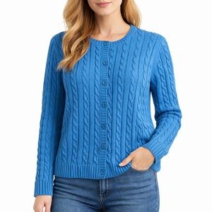 L.L. Bean Cable Knit Cardigan Sweater Blue 100% Cotton Button Front M